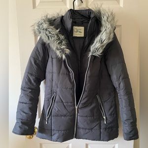 Maralyn & Me Grey Puffer Coat with Faux Fur Trim Hood